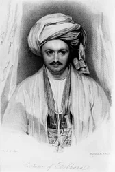 Porträt von Sir Alexander Burnes (1805-41) graviert von E. Findes